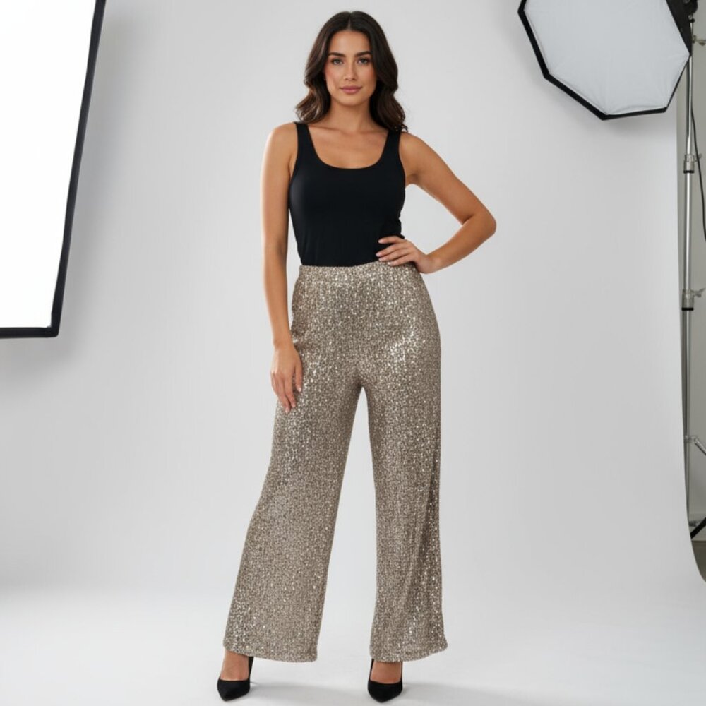 Cable & Gauge Women's Sequin Wide Leg Pant Champaigne color PullOn Washable Chic